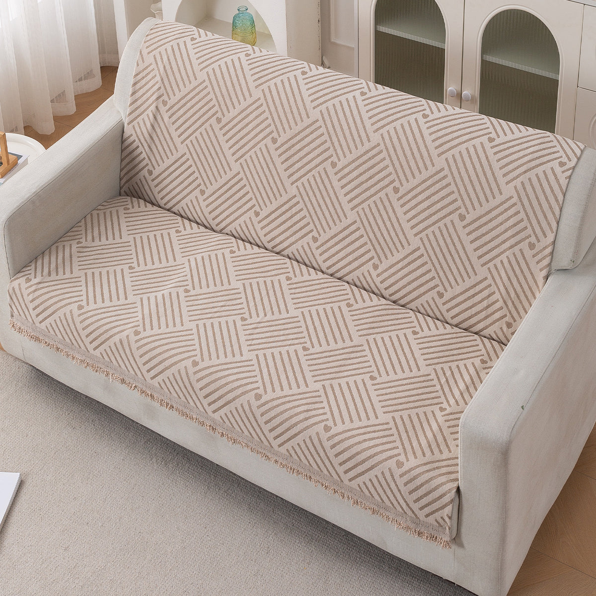 Premium 320 GSM Chenille Sofa Cover 'Serene Abode Series', Beige Geo Weave
