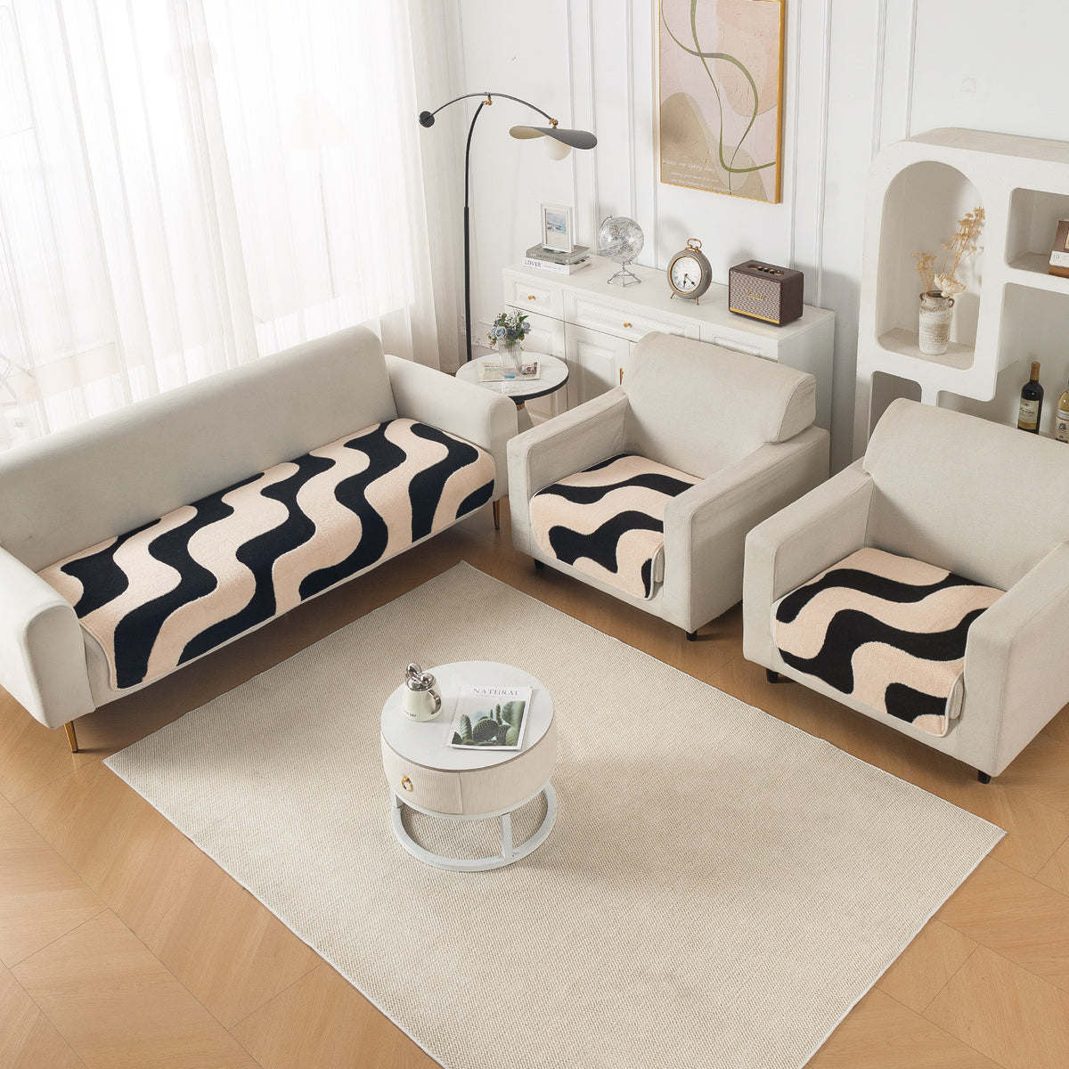 Luxury Plush Sherpa Anti Slip Combination Sofa Mat, 'Noirea Series'|Wavy Stripe