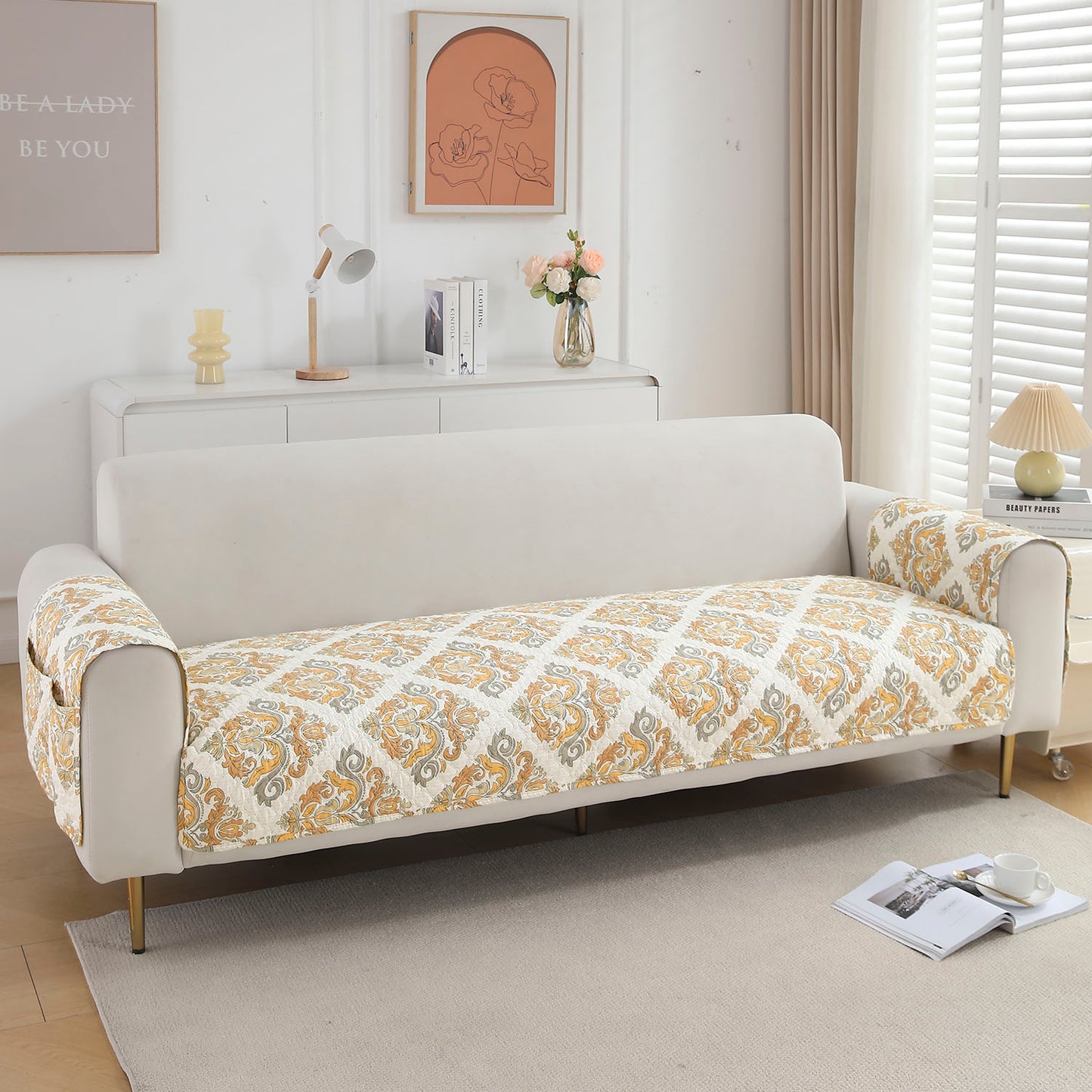 Quilted Sofa Seat Mat with Two Armrest Covers with Pockets for 1/2/3 Seater Sofa, Damask Beige