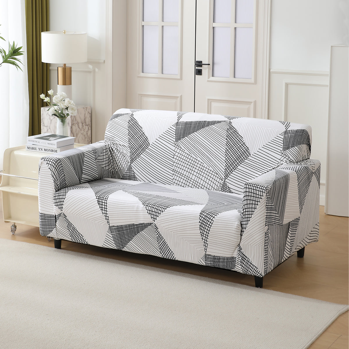 Snow White Black Geometry stretchable two seater sofa cover