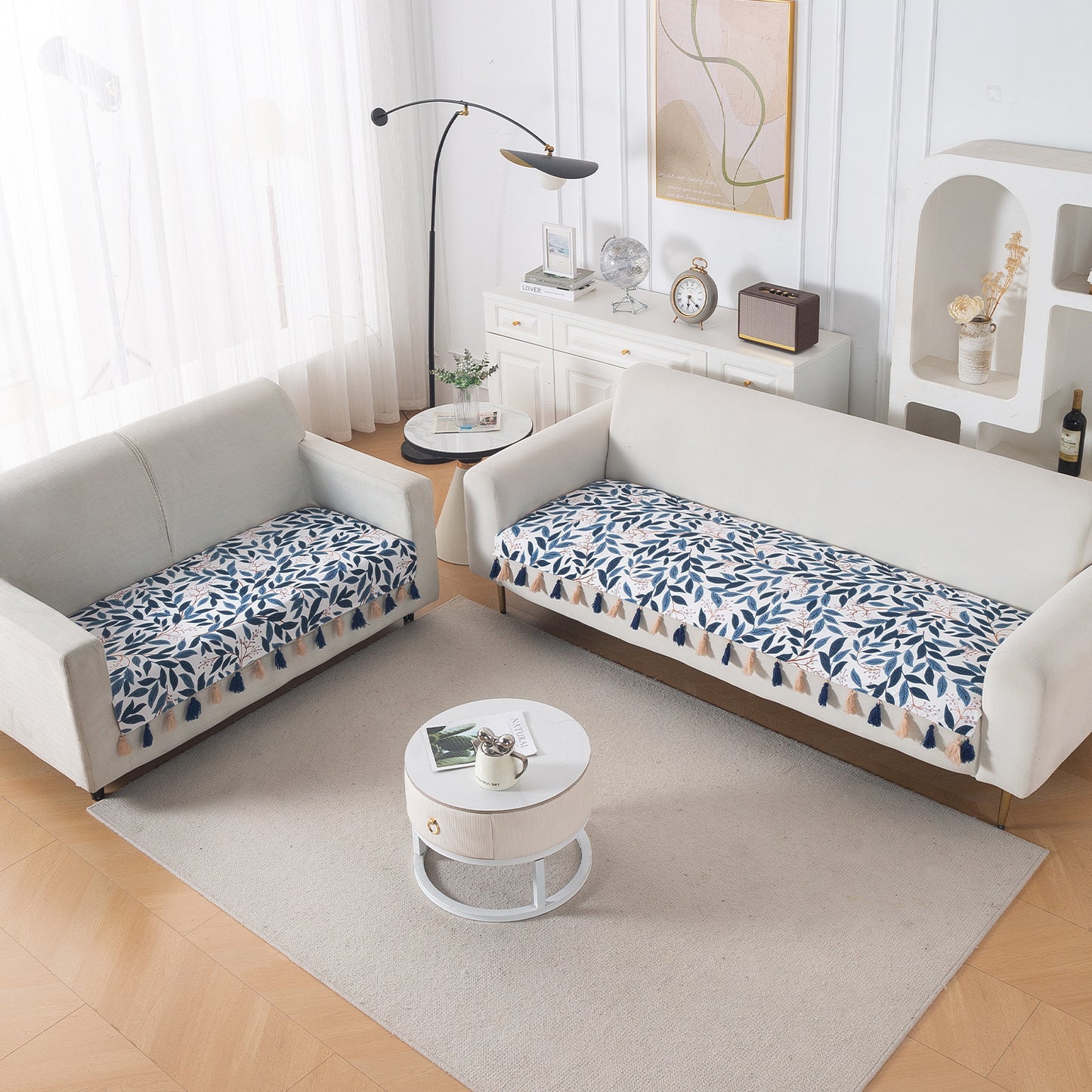'Whispers of Nature' Series Holland Velvet Sofa Seat Mat with Tassel, Indigo Foliage