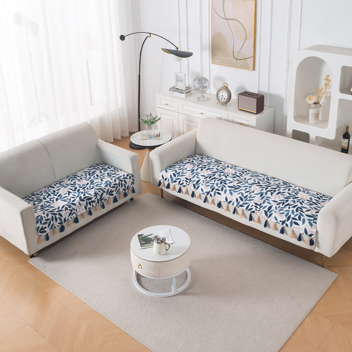 'Whispers of Nature' Series Holland Velvet Sofa Seat Mat with Tassel, Indigo Foliage