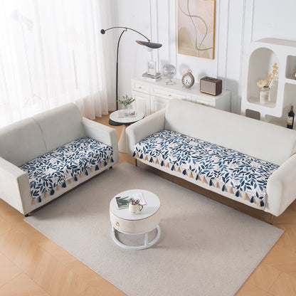 'Whispers of Nature' Series Holland Velvet Sofa Seat Mat with Tassel, Indigo Foliage