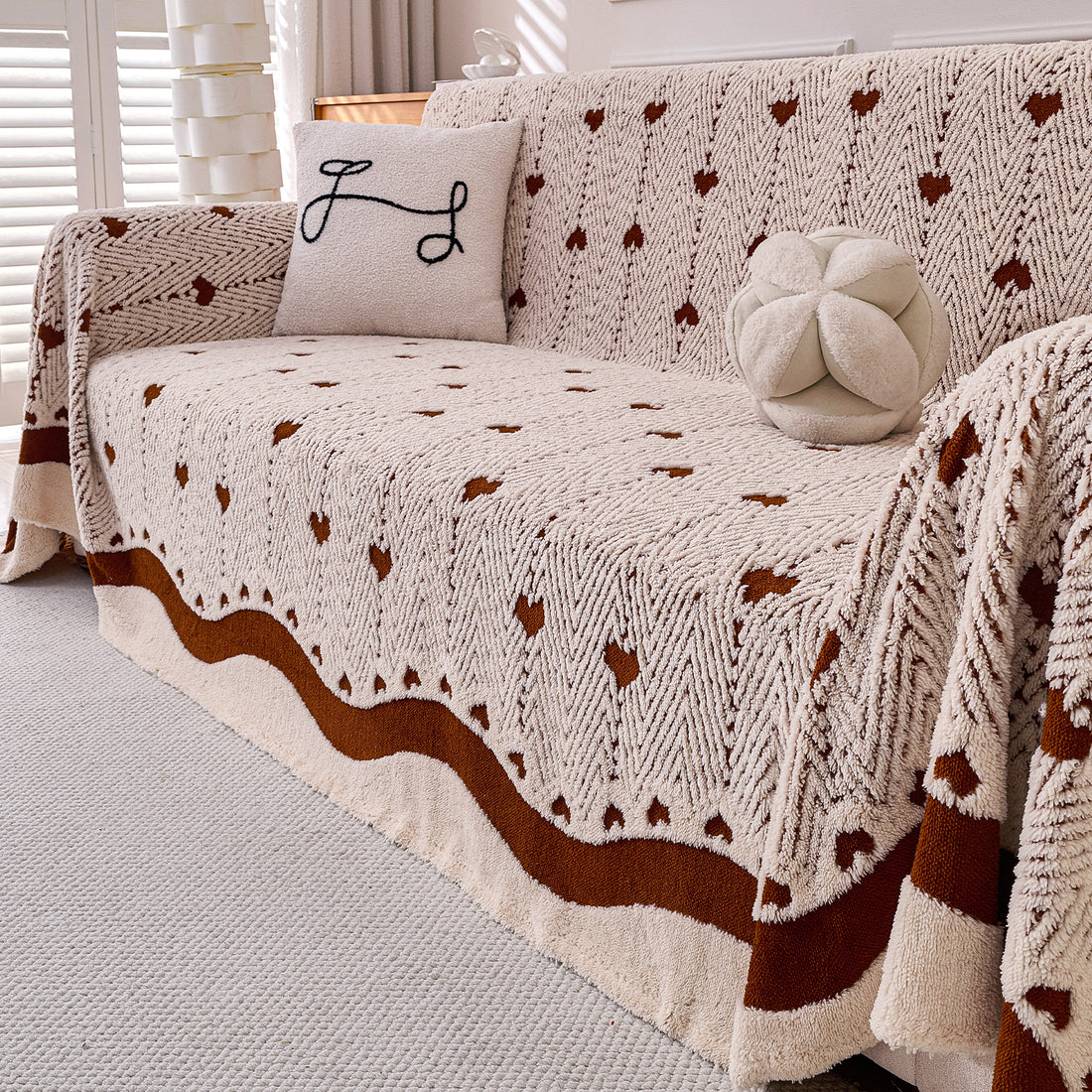 Buy Mocha Cream Colour Cozy Heart Cotton Fleece Sofa Throw – HOKIPO | Har Ghar ka Humsafar