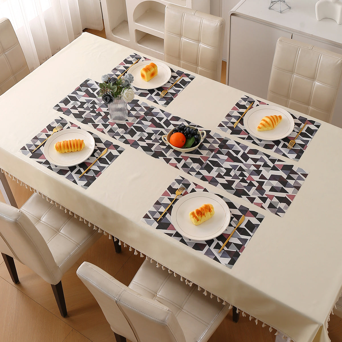 Color Splash PVC Mats for Dining Table, Triangular Mosaic - Burgundy Red