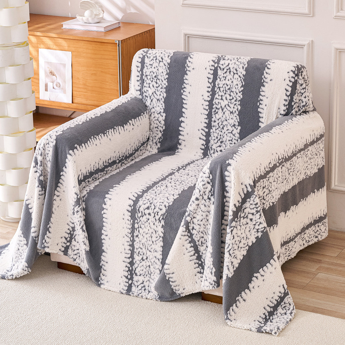Buy Pewter Grey Colour Luxury Wavy Plush Sofa Throw – Single Seater Sofas | HOKIPO