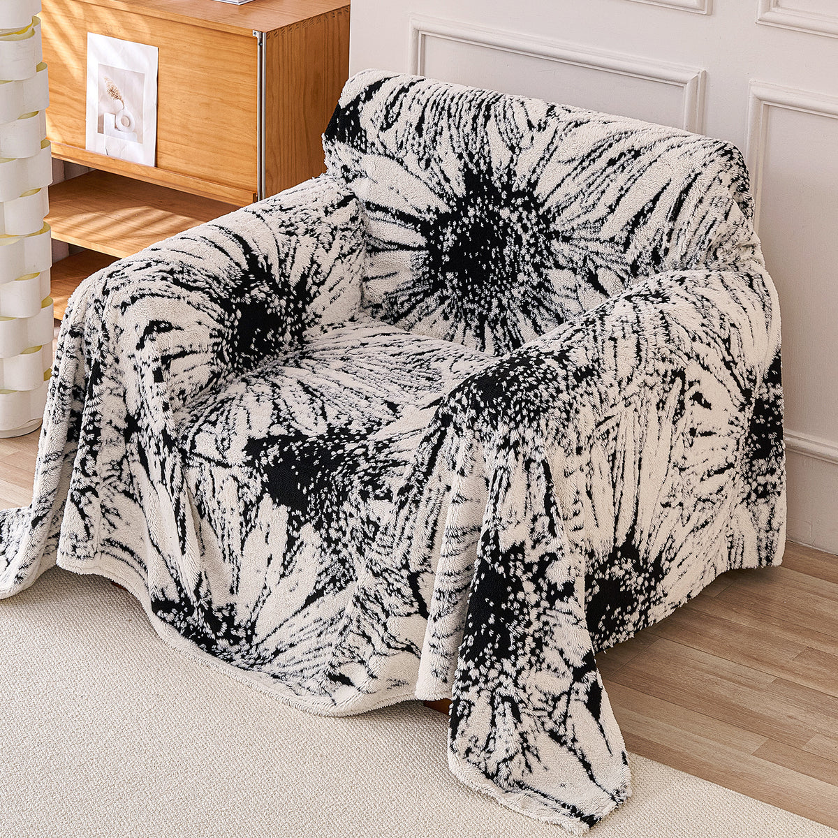 Buy Midnight Black Colour DaisyBloom Series Luxury Plush Fleece Sofa Throw | HOKIPO