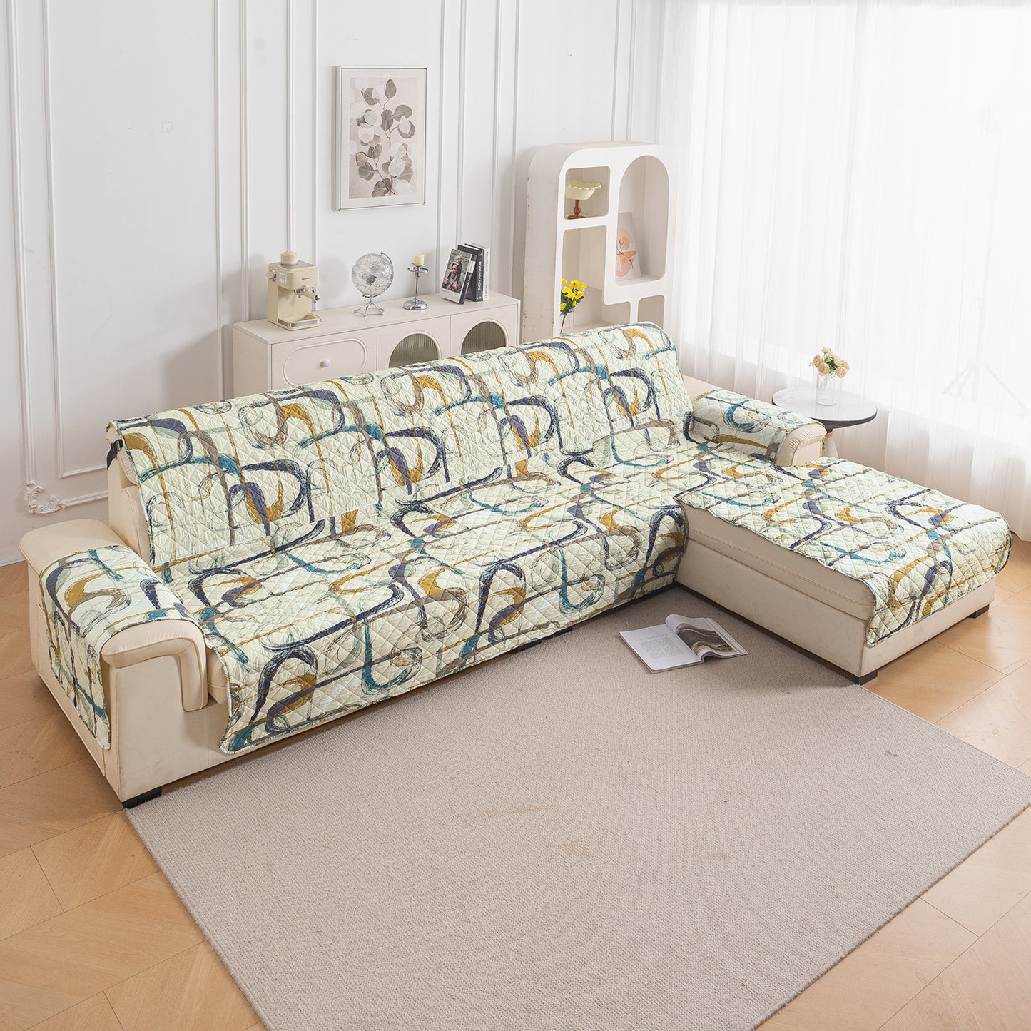 Elira Series Quilted One-Piece L Shape Sofa Cover Mat with Left and Right Chaise, Parchement Beige Abstract Art