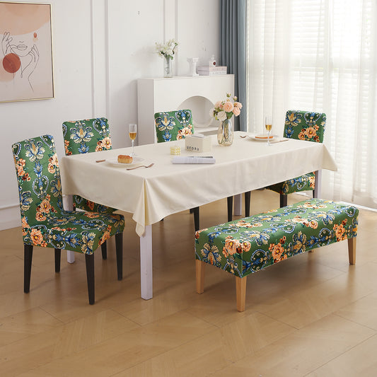 Premium Velvet Cover Set for 4 Dining Chairs + 1 Dining Bench, Green Victorian Garden