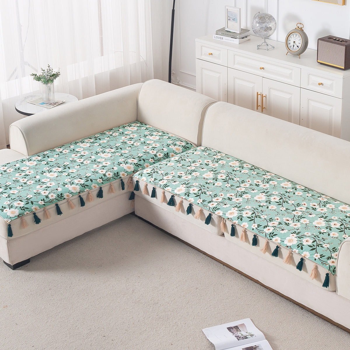 Whispers of Nature' Series Holland Velvet L Shape Sofa Cover Seat Mat with Tassels, Sage Floral Vine