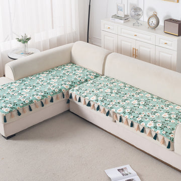 Whispers of Nature' Series Holland Velvet L Shape Sofa Cover Seat Mat with Tassels, Sage Floral Vine