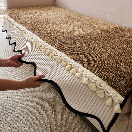 Thick Woven Weave Chenille Sofa Cover with Tassel|'Wavy Royale Series' Chestnut Brown