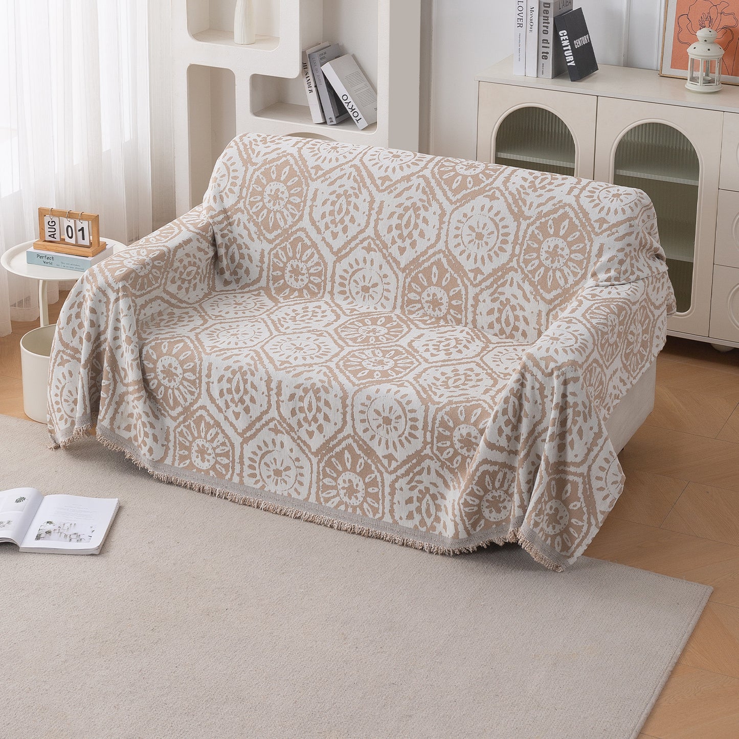 Premium 320 GSM Chenille Sofa Cover Throw All Season 'Serene Abode Series', Boho Floral Tile
