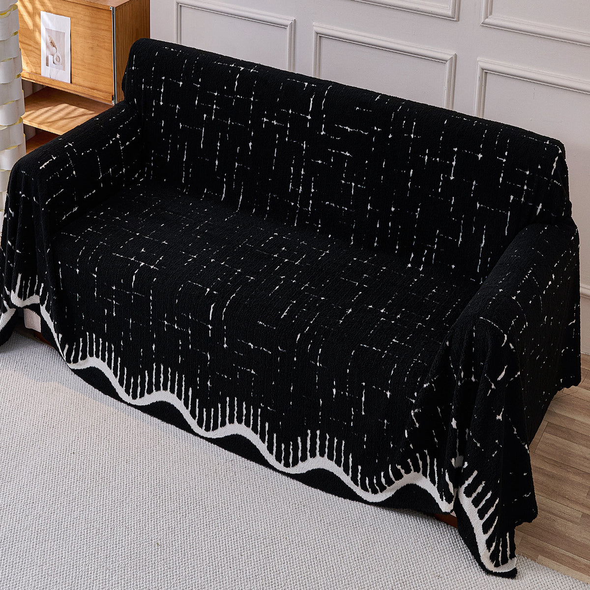 Buy Black Colour Supple Soft Wavy Plush Sofa Throw for Complete Sofa | HOKIPO