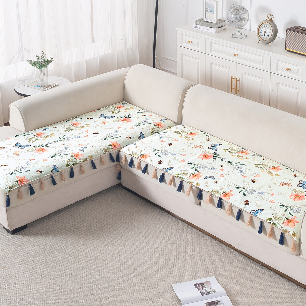Whispers of Nature' Series Holland Velvet L Shape Sofa Cover Seat Mat with Tassels, Pastel Butterfly Meadow