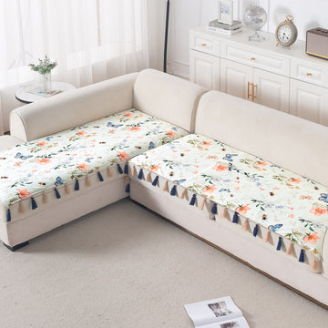 Whispers of Nature' Series Holland Velvet L Shape Sofa Cover Seat Mat with Tassels, Pastel Butterfly Meadow