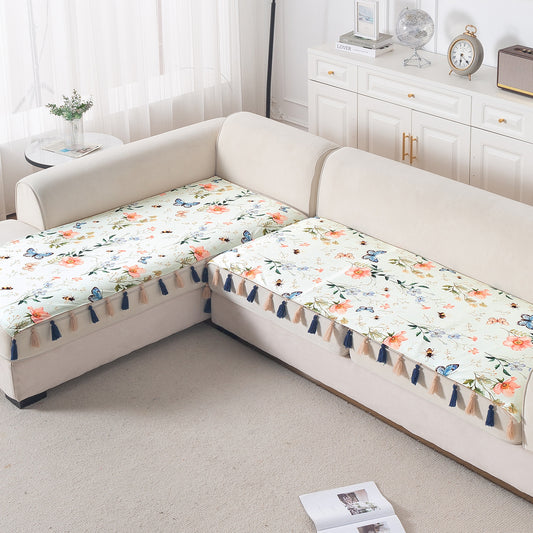 Whispers of Nature' Series Holland Velvet L Shape Sofa Cover Seat Mat with Tassels, Pastel Butterfly Meadow