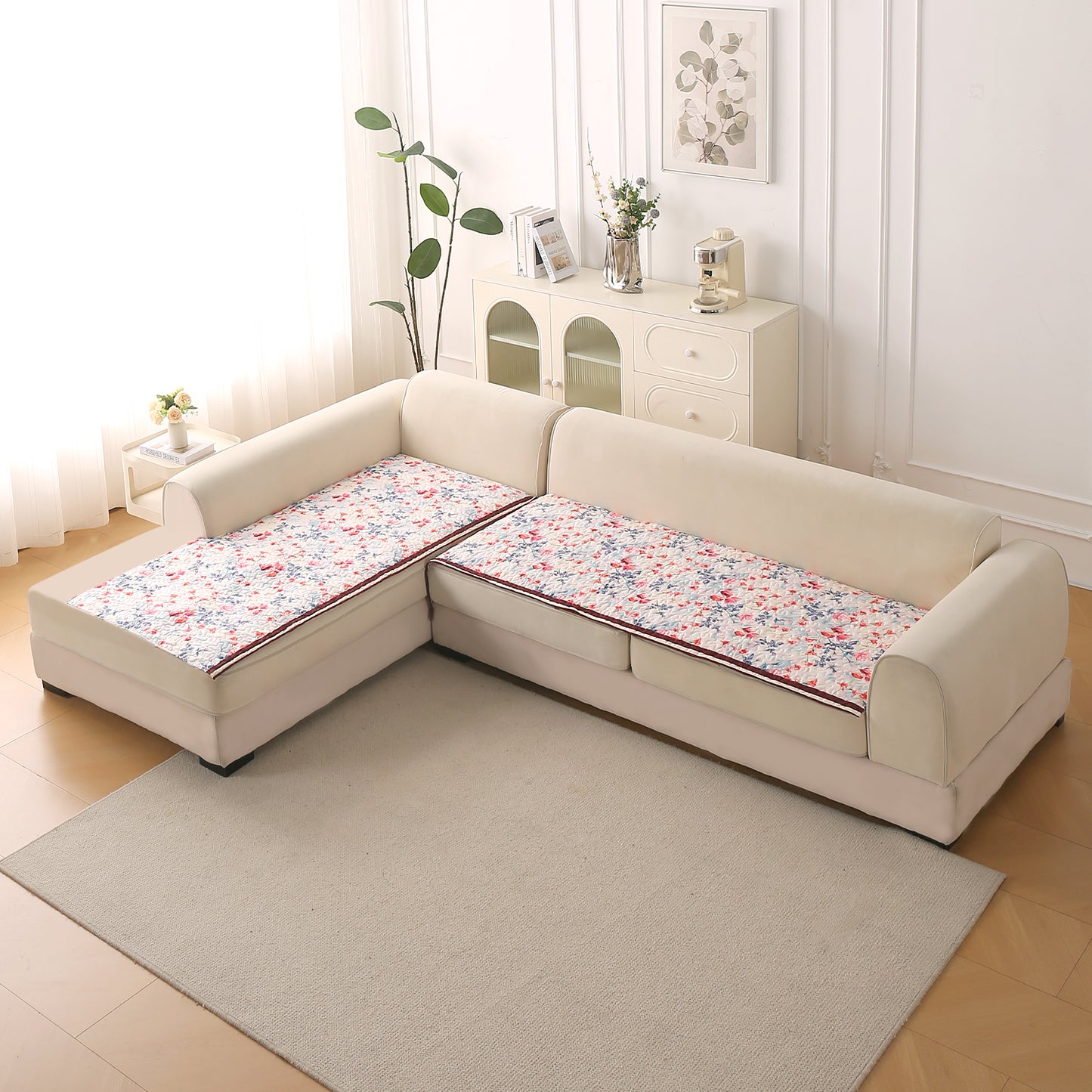 Florentina Series Quilted Holland Velvet L Shape Sofa Seat Mat - Scarlet Rose Ivory