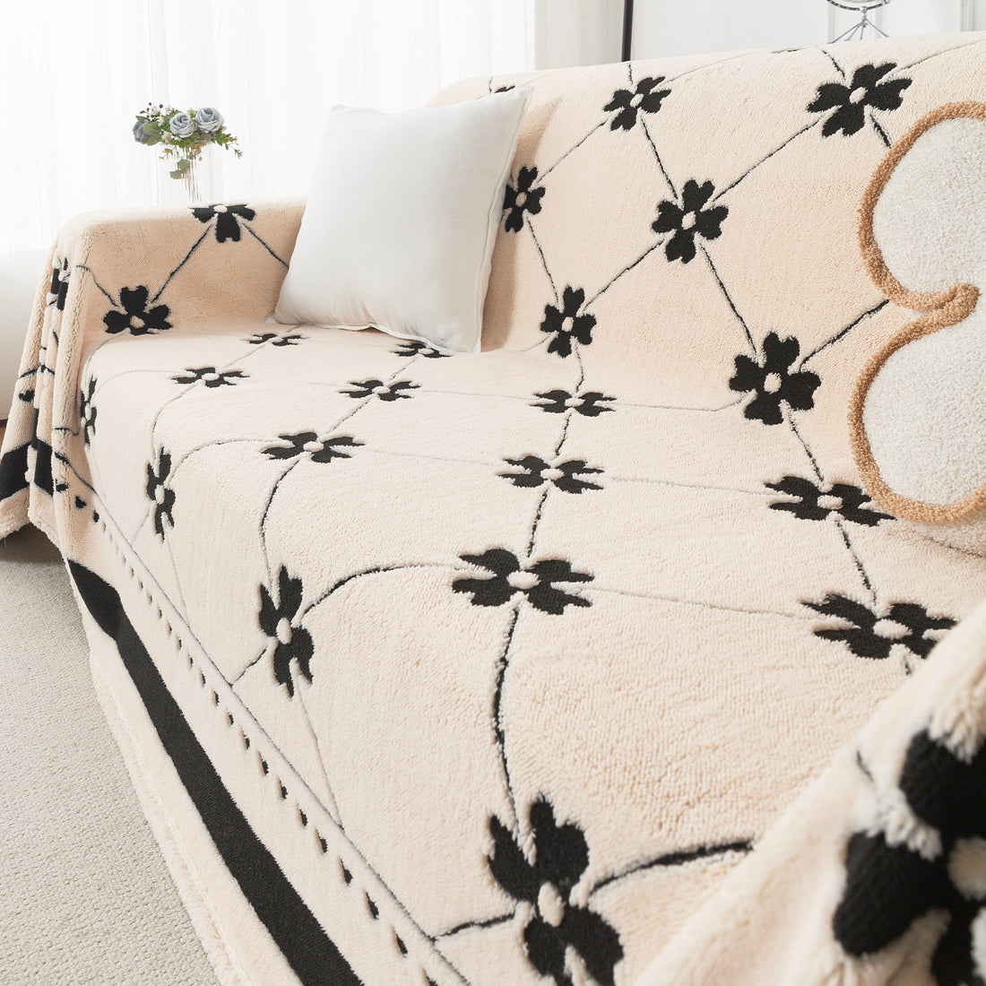 Buy Floral Lattice Design Noirea Series Plush Sherpa Sofa Throw for Complete Sofa | HOKIPO
