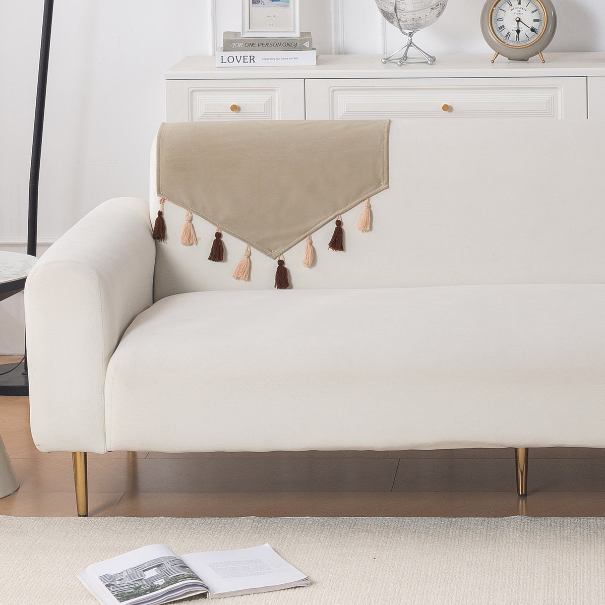 Tassel Tone Holland Velvet Sofa Cover Mat, Sand Beige