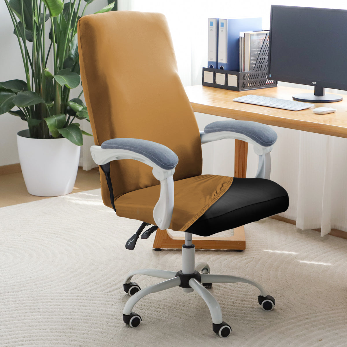 Office Chair Cover for Executive Chair (High-Back) – 140 GSM Stretchable Fabric – Washable & Anti-Slip – Fits Big & Tall Office Chairs, Camel