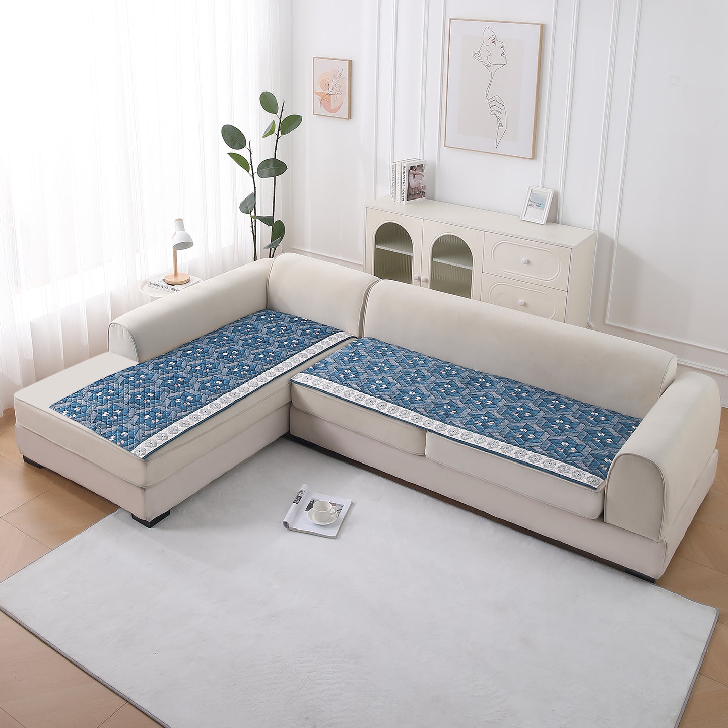 LiefNest Printed Holland Velvet L Shape Sofa Seat Mat with Foam Filling - Geometric Floral Oriental Blue