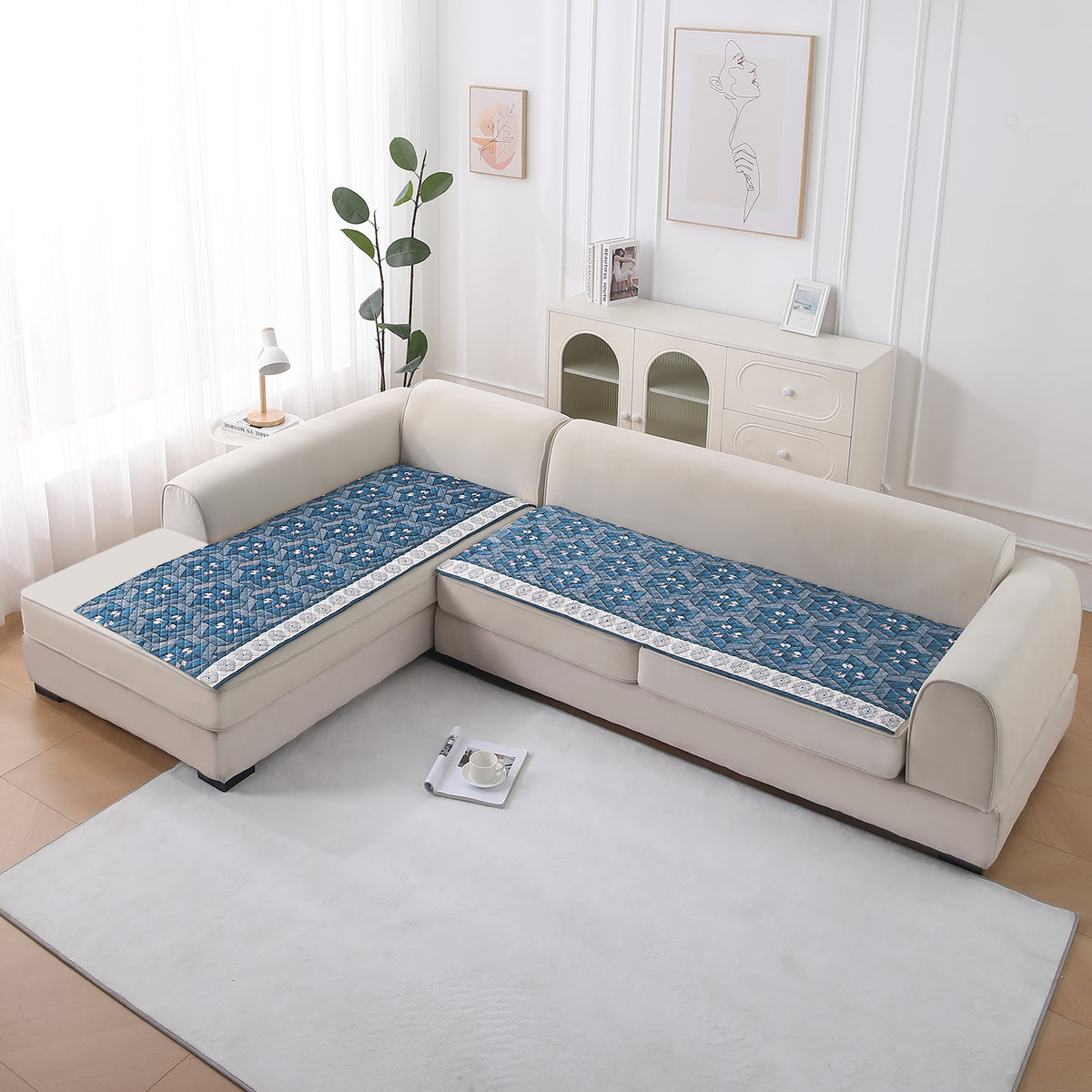 LiefNest Printed Holland Velvet L Shape Sofa Seat Mat with Foam Filling - Geometric Floral Oriental Blue