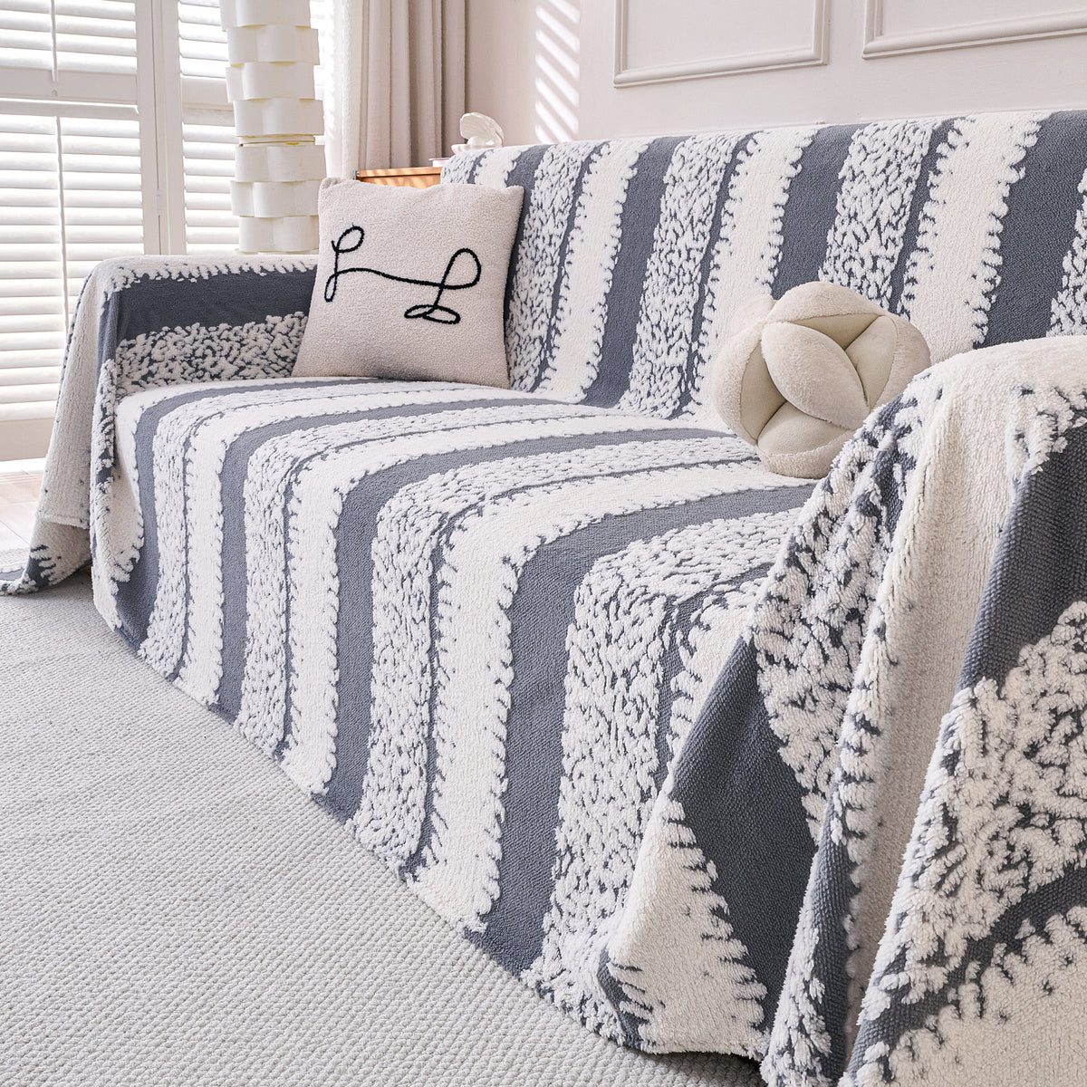 Buy Pewter Grey Colour Luxury Wavy Plush Sofa Throw – 3 Seater Sofas | HOKIPO