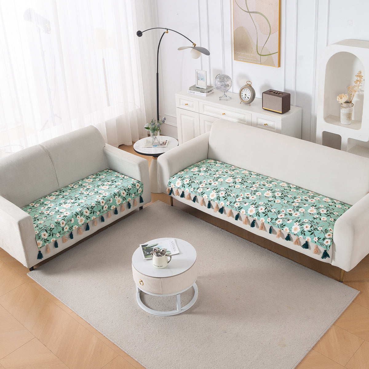 'Whispers of Nature' Series Holland Velvet Sofa Seat Mat with Tassel, Sage Floral Vine