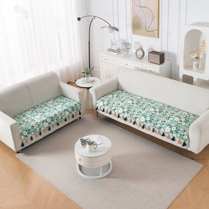 'Whispers of Nature' Series Holland Velvet Sofa Seat Mat with Tassel, Sage Floral Vine