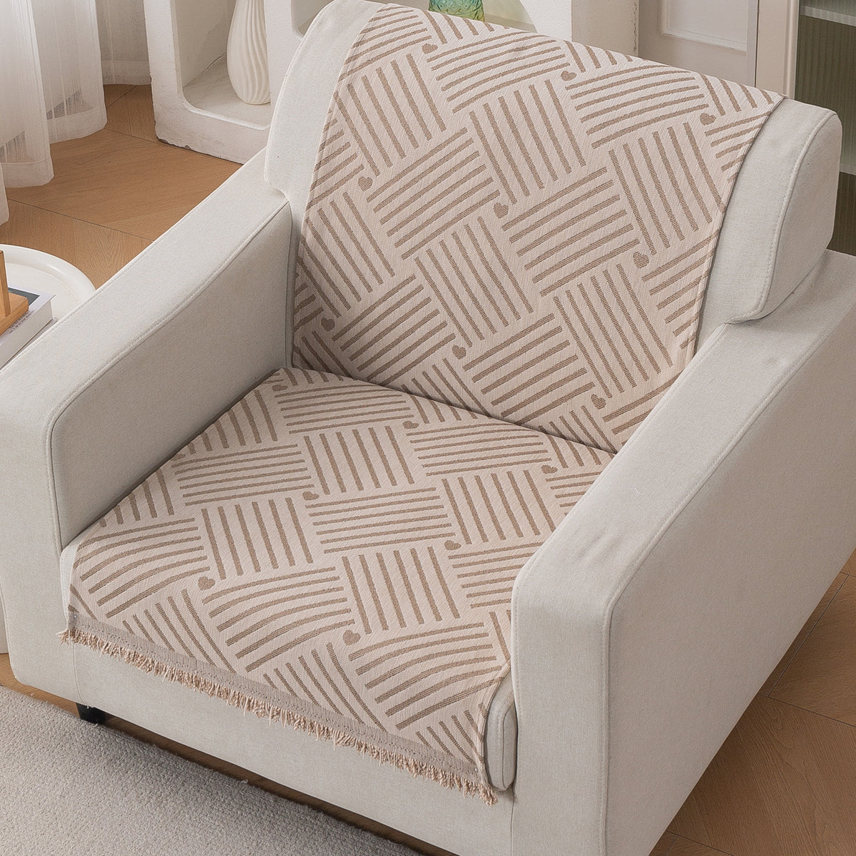 Premium 320 GSM Chenille Sofa Cover 'Serene Abode Series', Beige Geo Weave