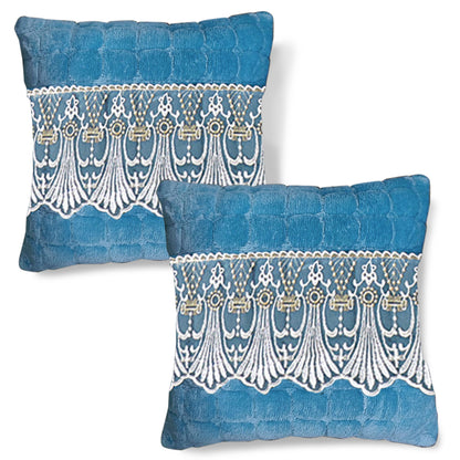 Premium Milk Velvet Sofa Cushion Cover with Lace Design, Celdaon Blue