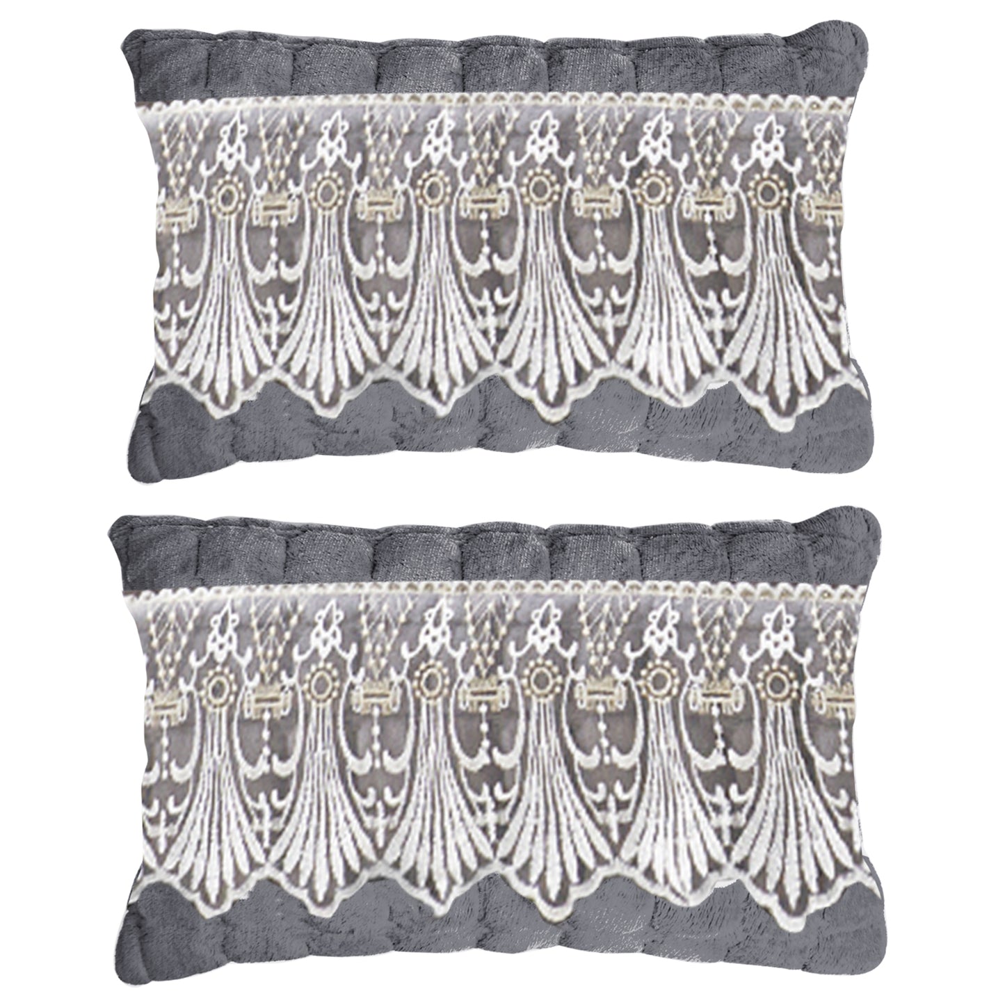 Premium Milk Velvet Sofa Cushion Cover with Lace Design, Porpoise Grey