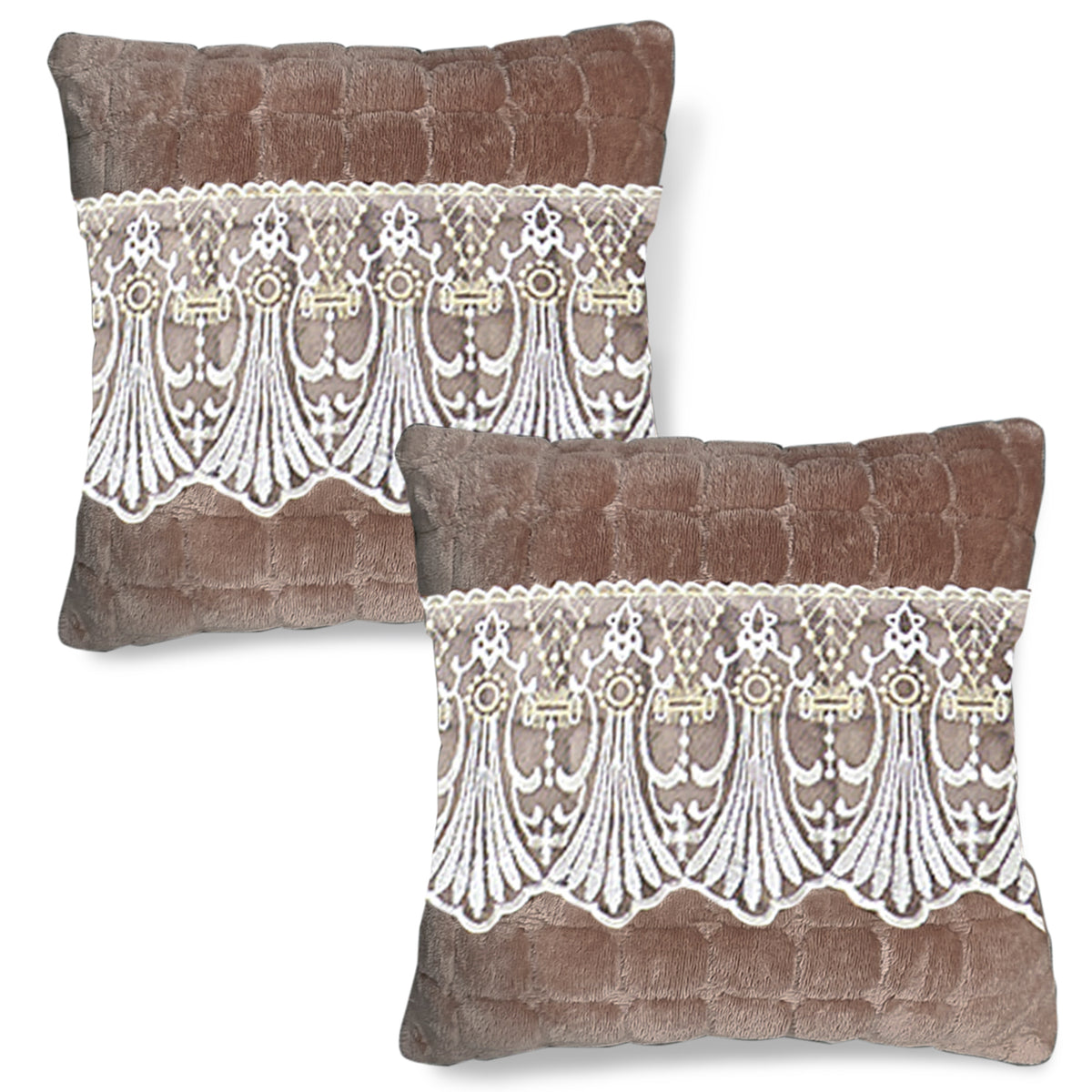 Premium Milk Velvet Sofa Cushion Cover with Lace Design, Mocha Brown