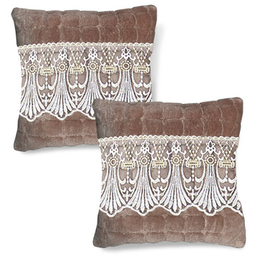 Premium Milk Velvet Sofa Cushion Cover with Lace Design, Mocha Brown
