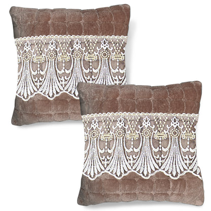 Premium Milk Velvet Sofa Cushion Cover with Lace Design, Mocha Brown