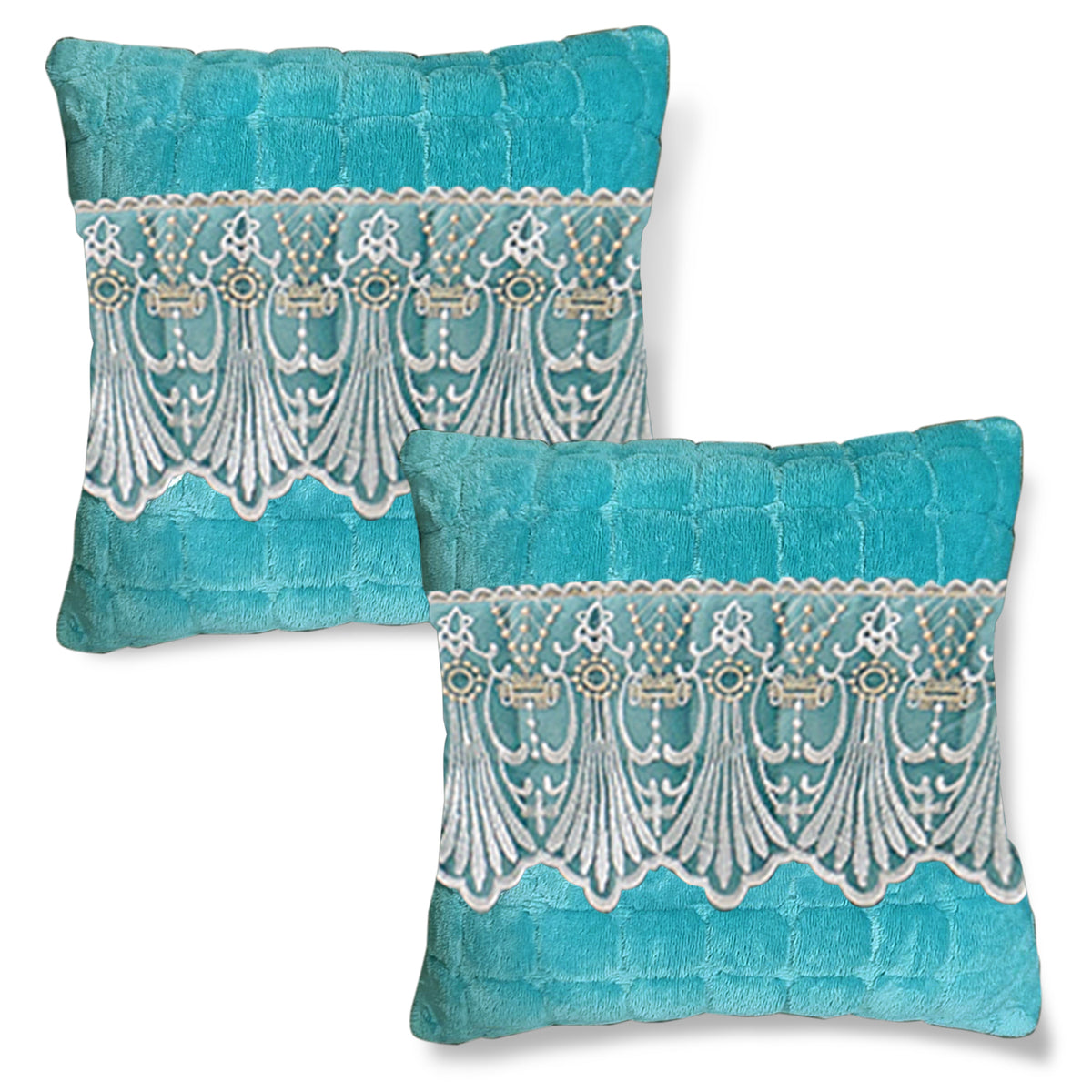 Premium Milk Velvet Sofa Cushion Cover with Lace Design, Teal