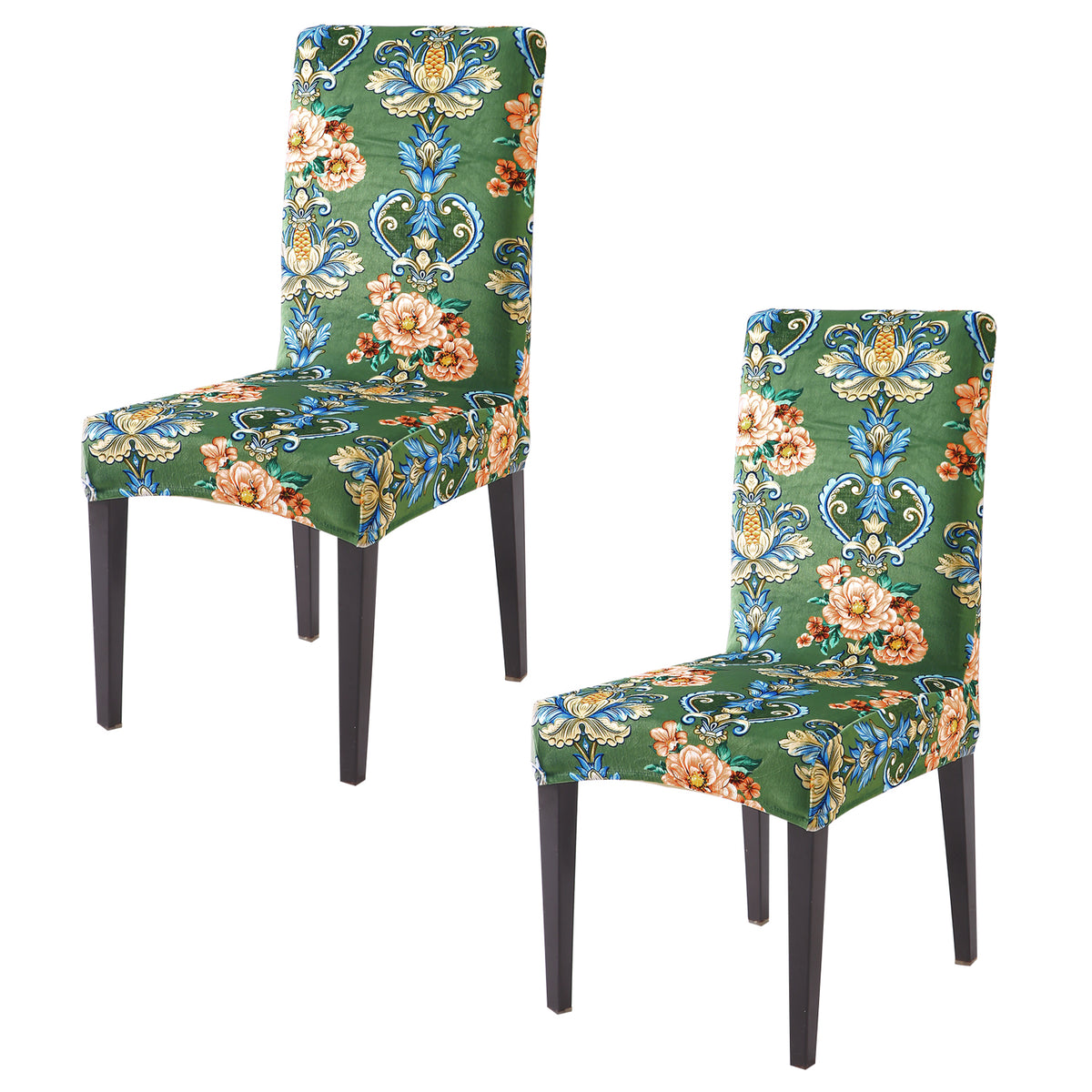 Premium Printed Velvet Dining Chair Cover Set, Green Victorian Garden