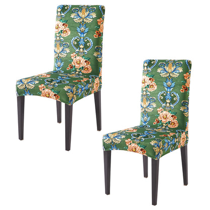 Premium Printed Velvet Dining Chair Cover Set, Green Victorian Garden