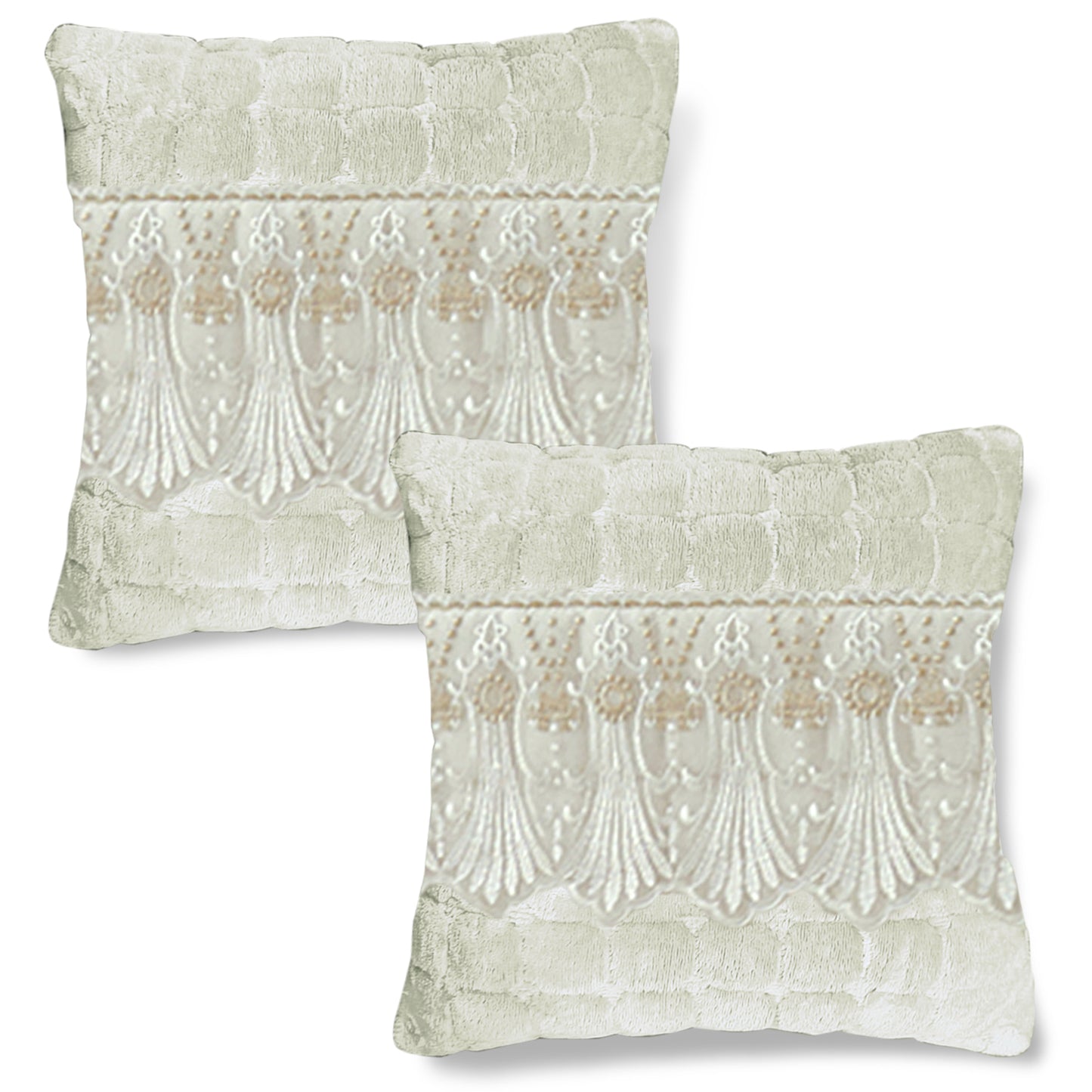 Premium Milk Velvet Sofa Cushion Cover with Lace Design, Pearl White