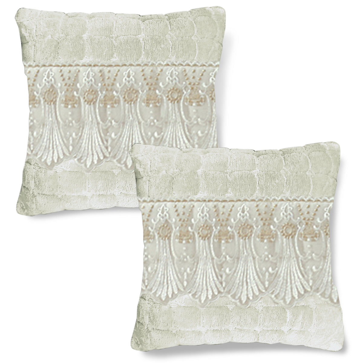 Premium Milk Velvet Sofa Cushion Cover with Lace Design, Pearl White