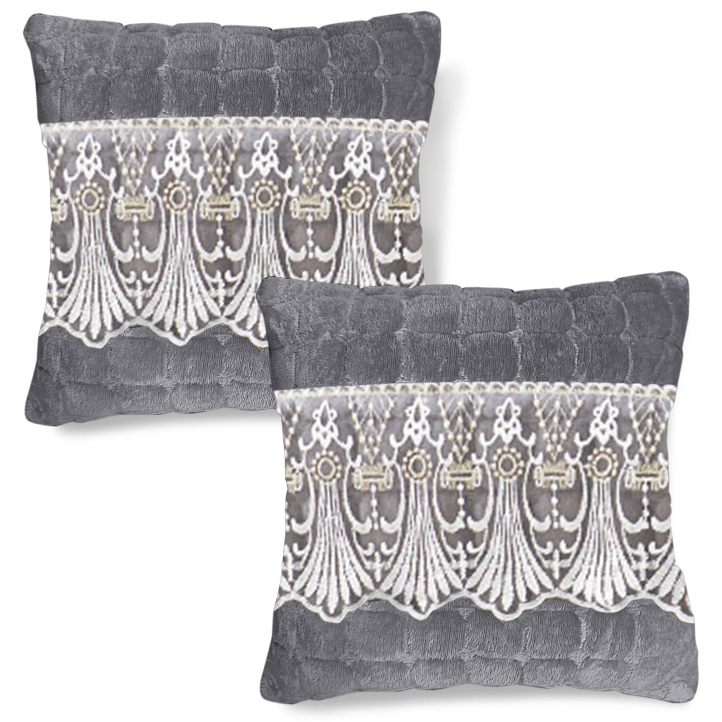 Premium Milk Velvet Sofa Cushion Cover with Lace Design, Porpoise Grey