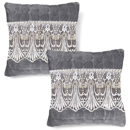 Premium Milk Velvet Sofa Cushion Cover with Lace Design, Porpoise Grey