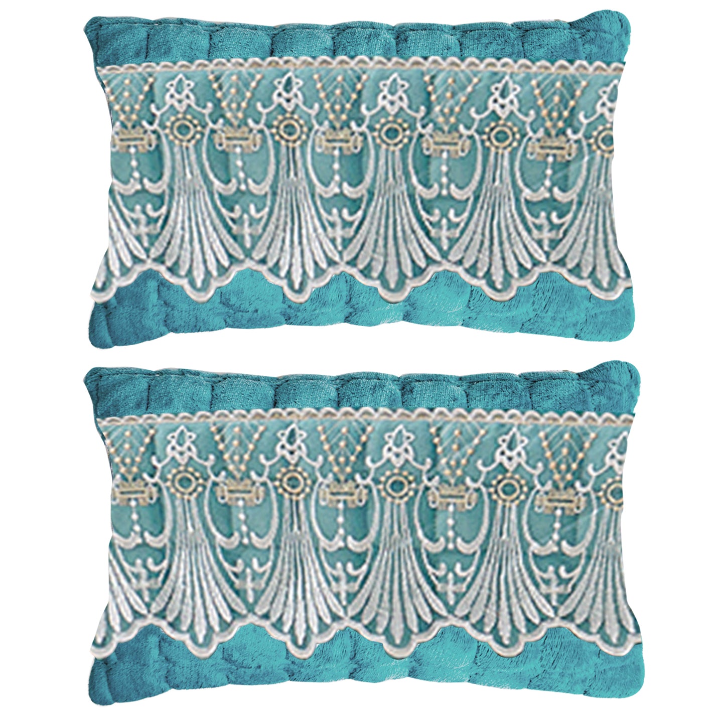 Premium Milk Velvet Sofa Cushion Cover with Lace Design, Teal