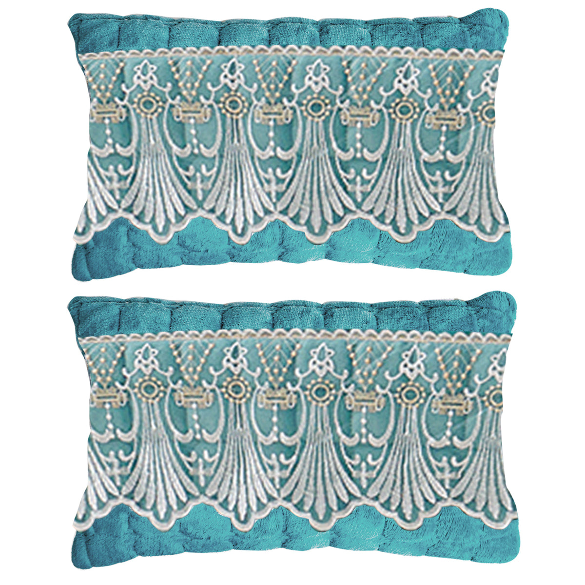 Premium Milk Velvet Sofa Cushion Cover with Lace Design, Teal