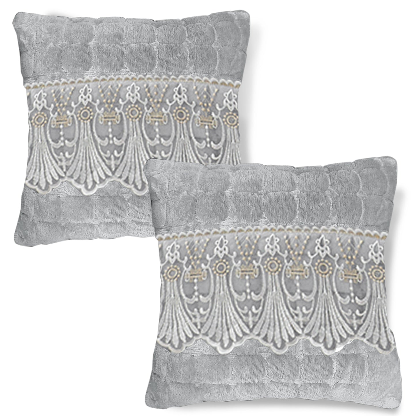 Premium Milk Velvet Sofa Cushion Cover with Lace Design, Cloud Grey