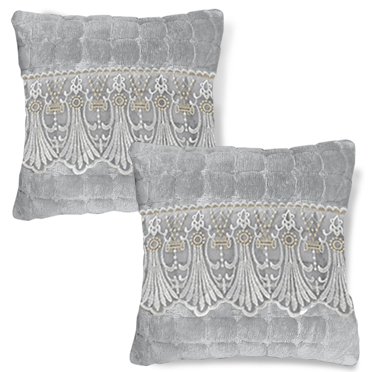 Premium Milk Velvet Sofa Cushion Cover with Lace Design, Cloud Grey