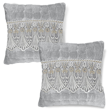 Premium Milk Velvet Sofa Cushion Cover with Lace Design, Cloud Grey