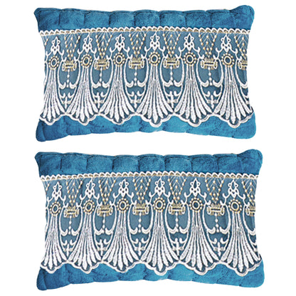 Premium Milk Velvet Sofa Cushion Cover with Lace Design, Celdaon Blue