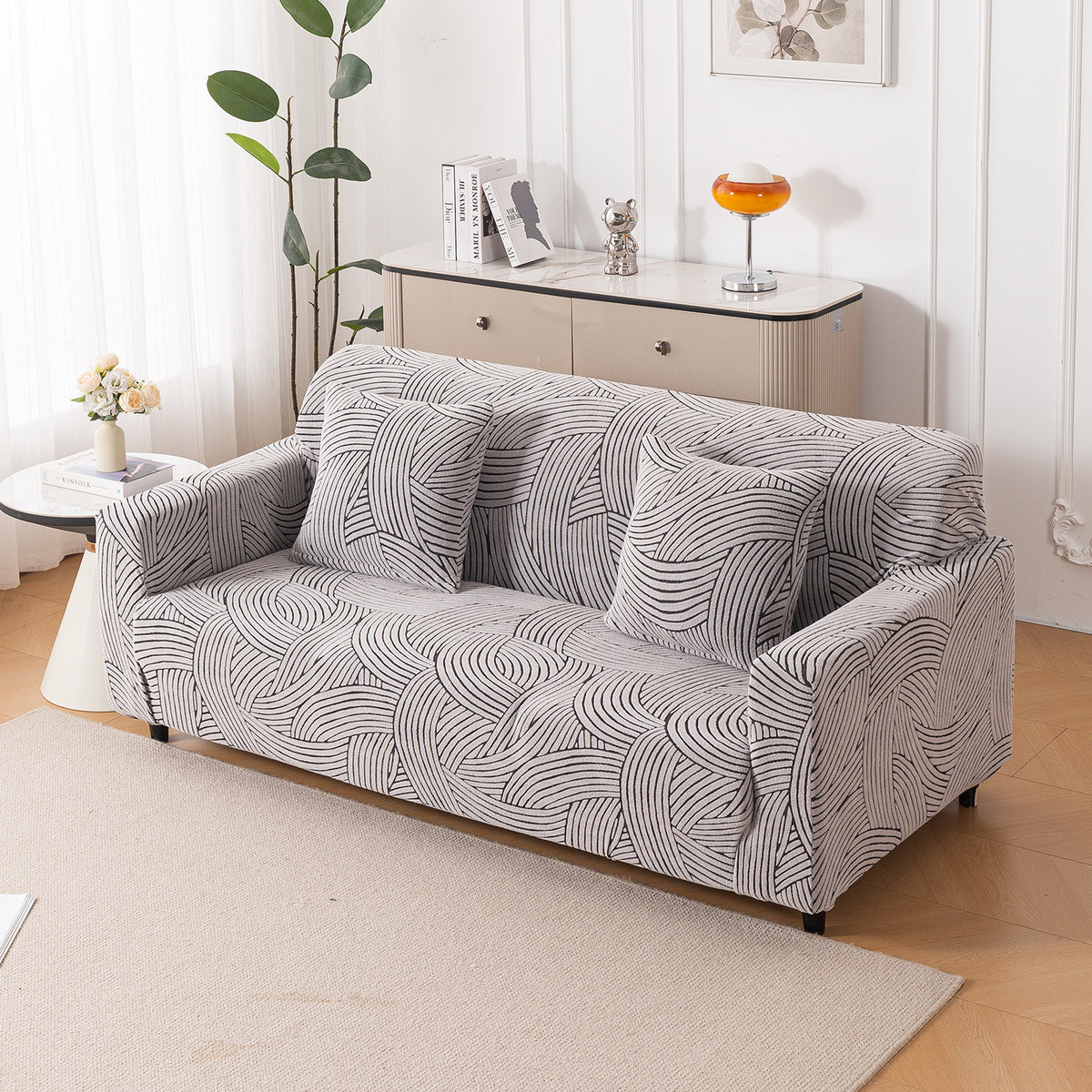 Buy classic white colour waveline series jacquard elastic 3 seater sofa cover​s (pillow covers)